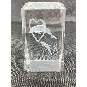 3D Laser Etched Glass Crystal Cube Dolphins  Paperweight